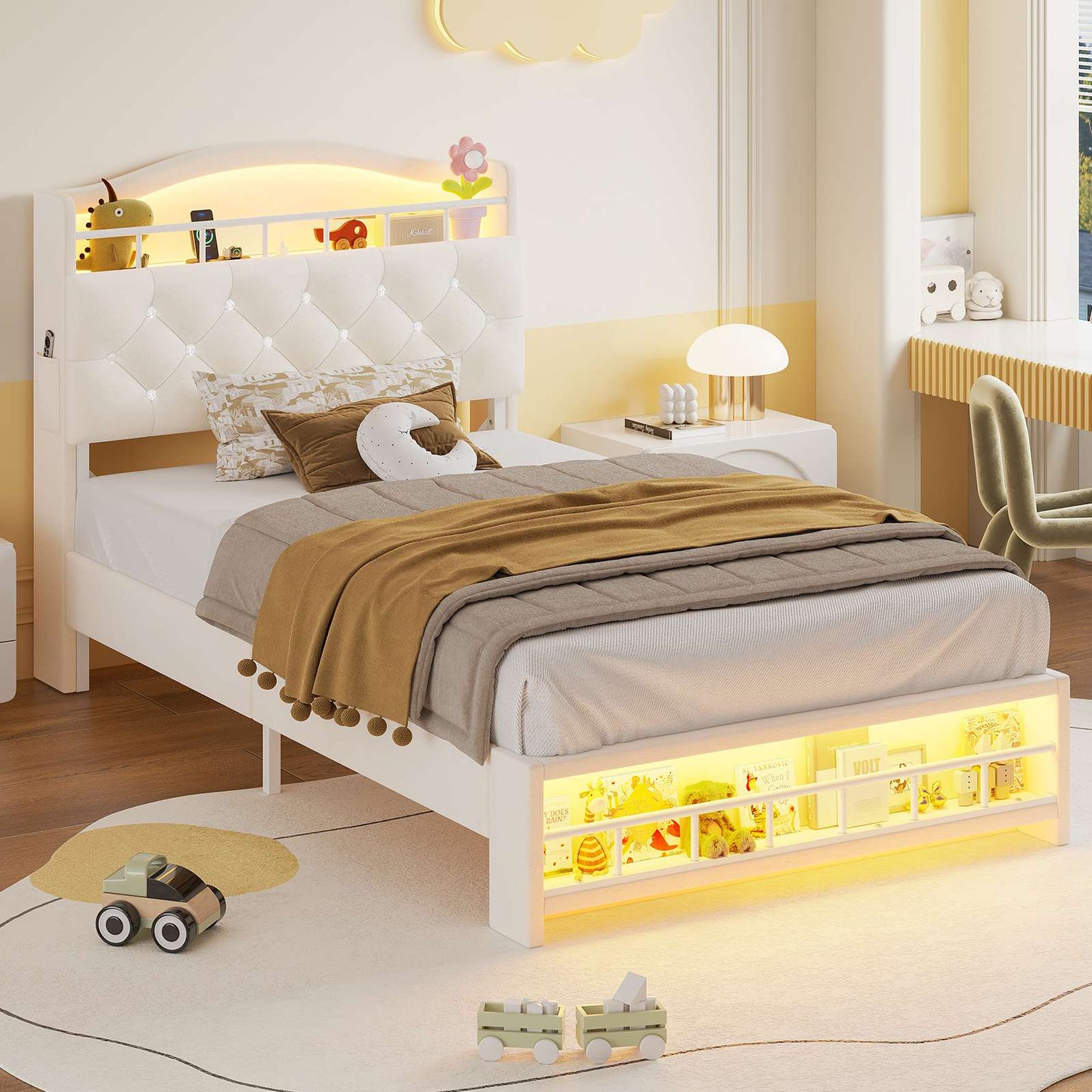 HAUOMS Twin Size Bed Frame with LED Lights and Charging Station Princess Velvet Upholstered Platform Bed with  Guardrail and Crystal Button