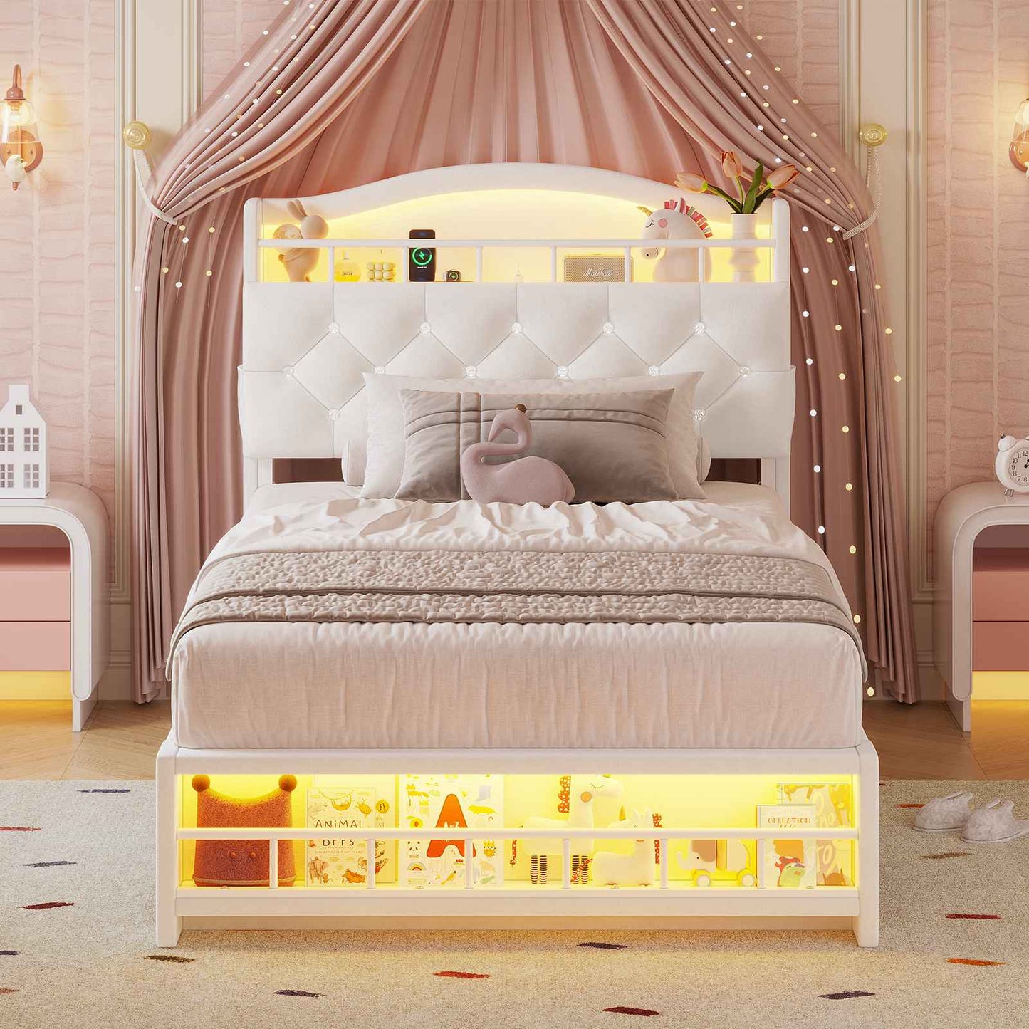 HAUOMS Twin Size Bed Frame with LED Lights and Charging Station Princess Velvet Upholstered Platform Bed with  Guardrail and Crystal Button