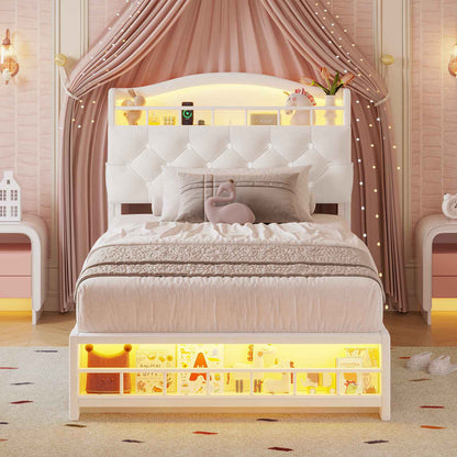 HAUOMS Twin Size Bed Frame with LED Lights and Charging Station Princess Velvet Upholstered Platform Bed with  Guardrail and Crystal Button