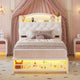 HAUOMS Twin Size Bed Frame with LED Lights and Charging Station Princess Velvet Upholstered Platform Bed with  Guardrail and Crystal Button