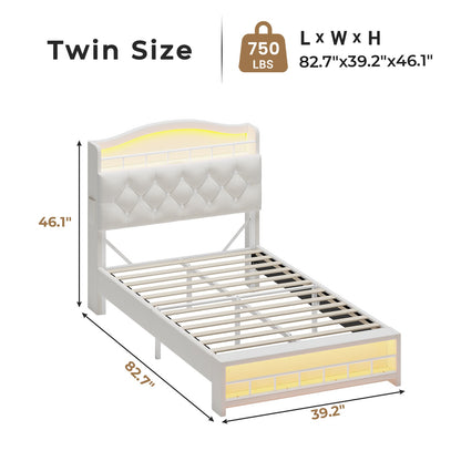 HAUOMS Twin Size Bed Frame with LED Lights and Charging Station Princess Velvet Upholstered Platform Bed with  Guardrail and Crystal Button