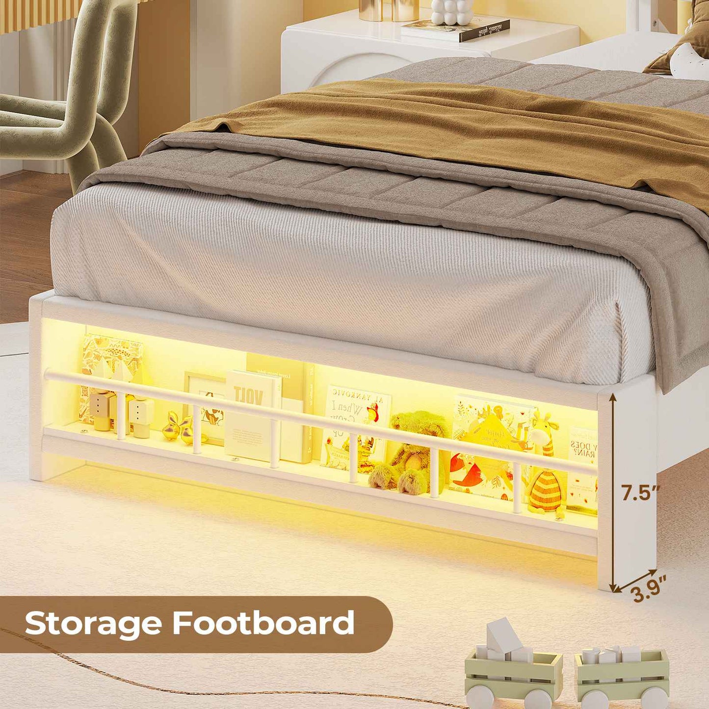 HAUOMS Twin Size Bed Frame with LED Lights and Charging Station Princess Velvet Upholstered Platform Bed with  Guardrail and Crystal Button
