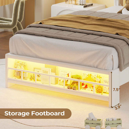HAUOMS Twin Size Bed Frame with LED Lights and Charging Station Princess Velvet Upholstered Platform Bed with  Guardrail and Crystal Button