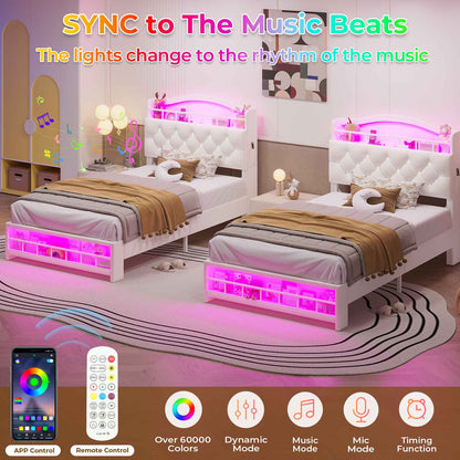HAUOMS Twin Size Bed Frame with LED Lights and Charging Station Princess Velvet Upholstered Platform Bed with  Guardrail and Crystal Button