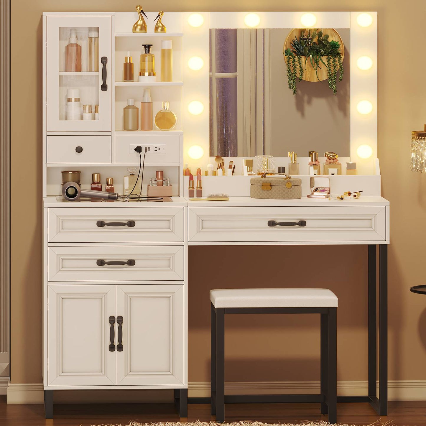 HAUOMS 42.9 Inch Makeup Vanity with Mirror and Lights Glass Top Vanity Desk with Charging Station and 4 Stoarge Drawers