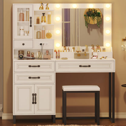 HAUOMS 42.9 Inch Makeup Vanity with Mirror and Lights Glass Top Vanity Desk with Charging Station and 4 Stoarge Drawers