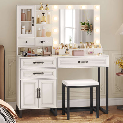 HAUOMS 42.9 Inch Makeup Vanity with Mirror and Lights Glass Top Vanity Desk with Charging Station and 4 Stoarge Drawers