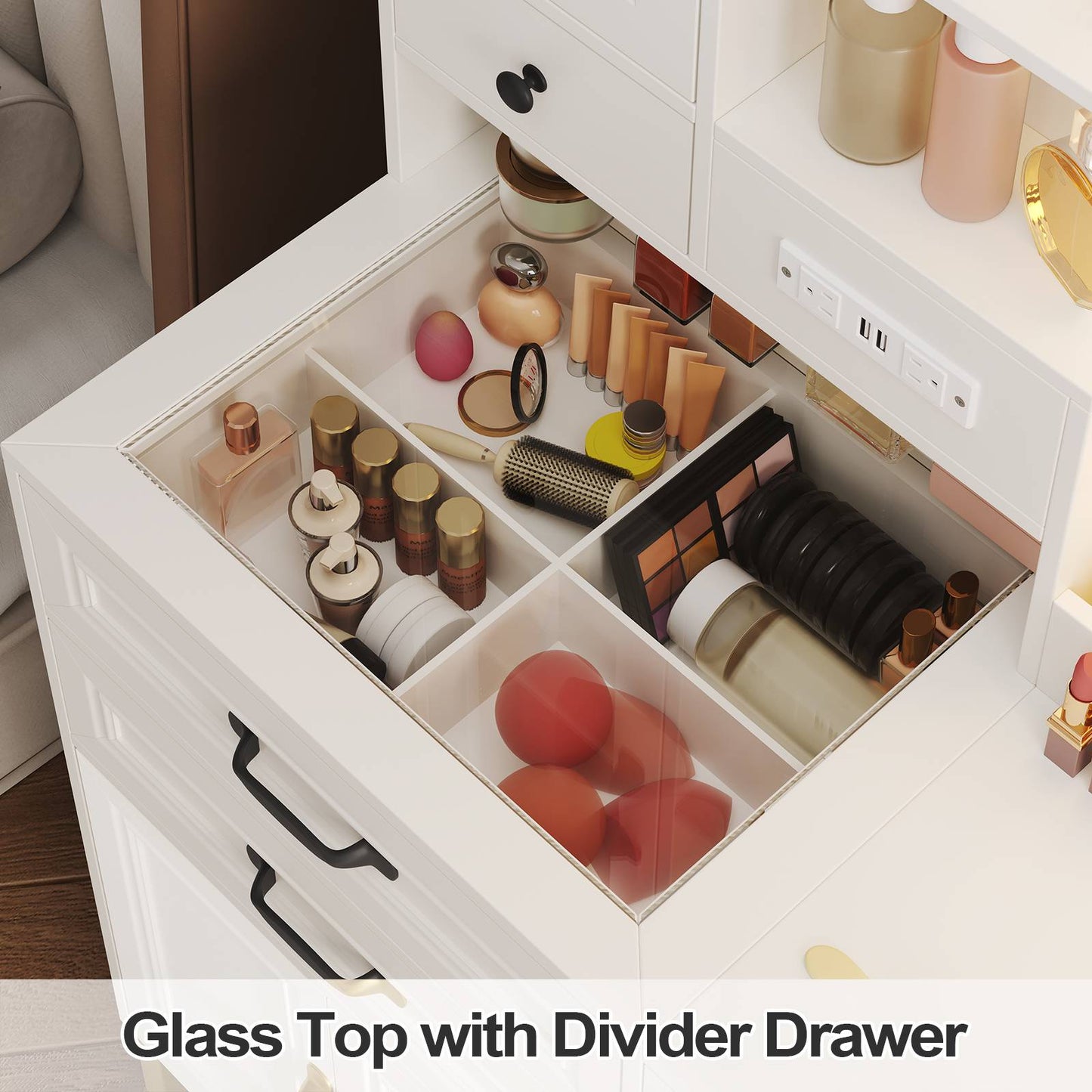 HAUOMS 42.9 Inch Makeup Vanity with Mirror and Lights Glass Top Vanity Desk with Charging Station and 4 Stoarge Drawers