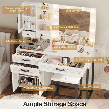 HAUOMS 42.9 Inch Makeup Vanity with Mirror and Lights Glass Top Vanity Desk with Charging Station and 4 Stoarge Drawers