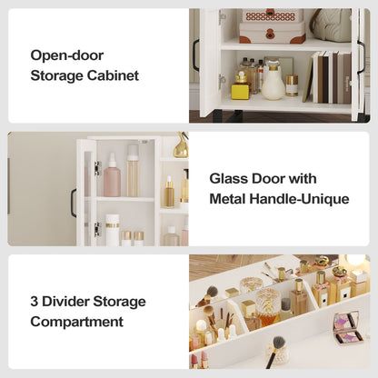 HAUOMS 42.9 Inch Makeup Vanity with Mirror and Lights Glass Top Vanity Desk with Charging Station and 4 Stoarge Drawers