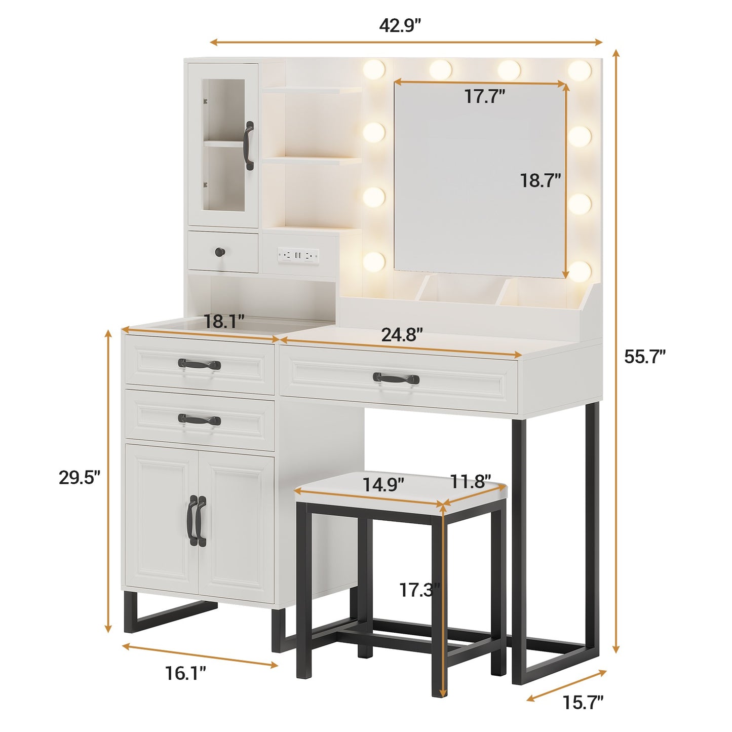 HAUOMS 42.9 Inch Makeup Vanity with Mirror and Lights Glass Top Vanity Desk with Charging Station and 4 Stoarge Drawers