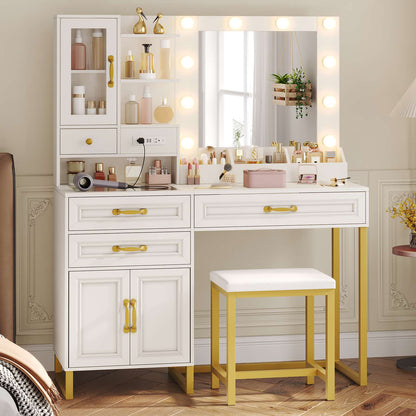 HAUOMS 42.9 Inch Makeup Vanity with Mirror and Lights Glass Top Vanity Desk with Charging Station and 4 Stoarge Drawers