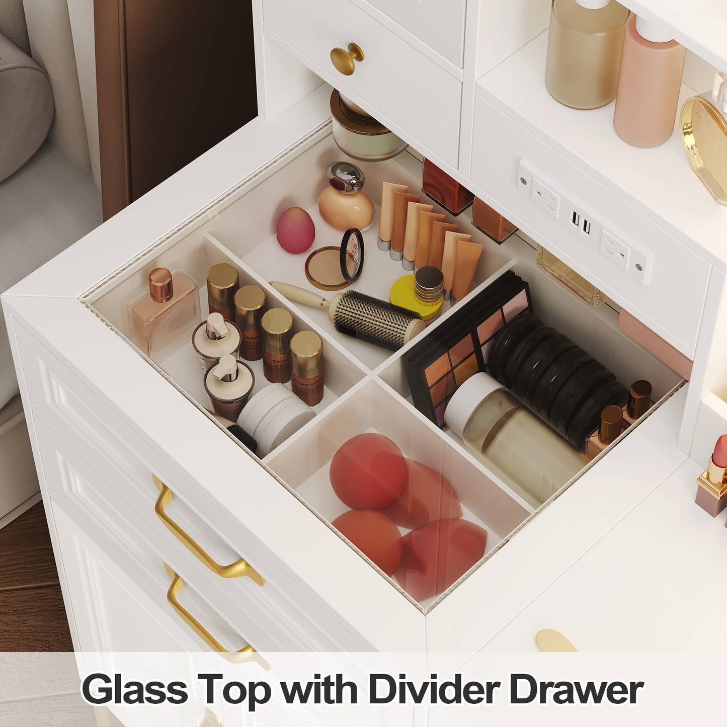 HAUOMS 42.9 Inch Makeup Vanity with Mirror and Lights Glass Top Vanity Desk with Charging Station and 4 Stoarge Drawers