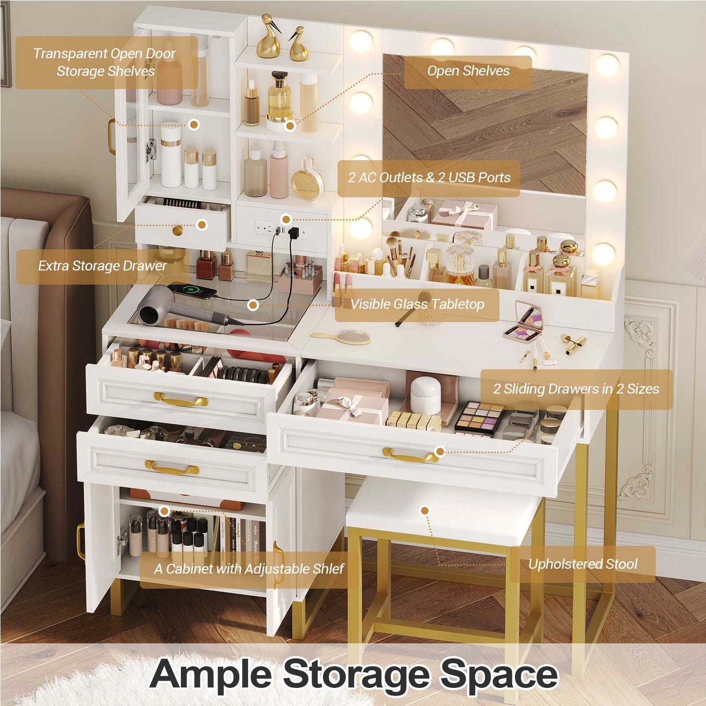 HAUOMS 42.9 Inch Makeup Vanity with Mirror and Lights Glass Top Vanity Desk with Charging Station and 4 Stoarge Drawers