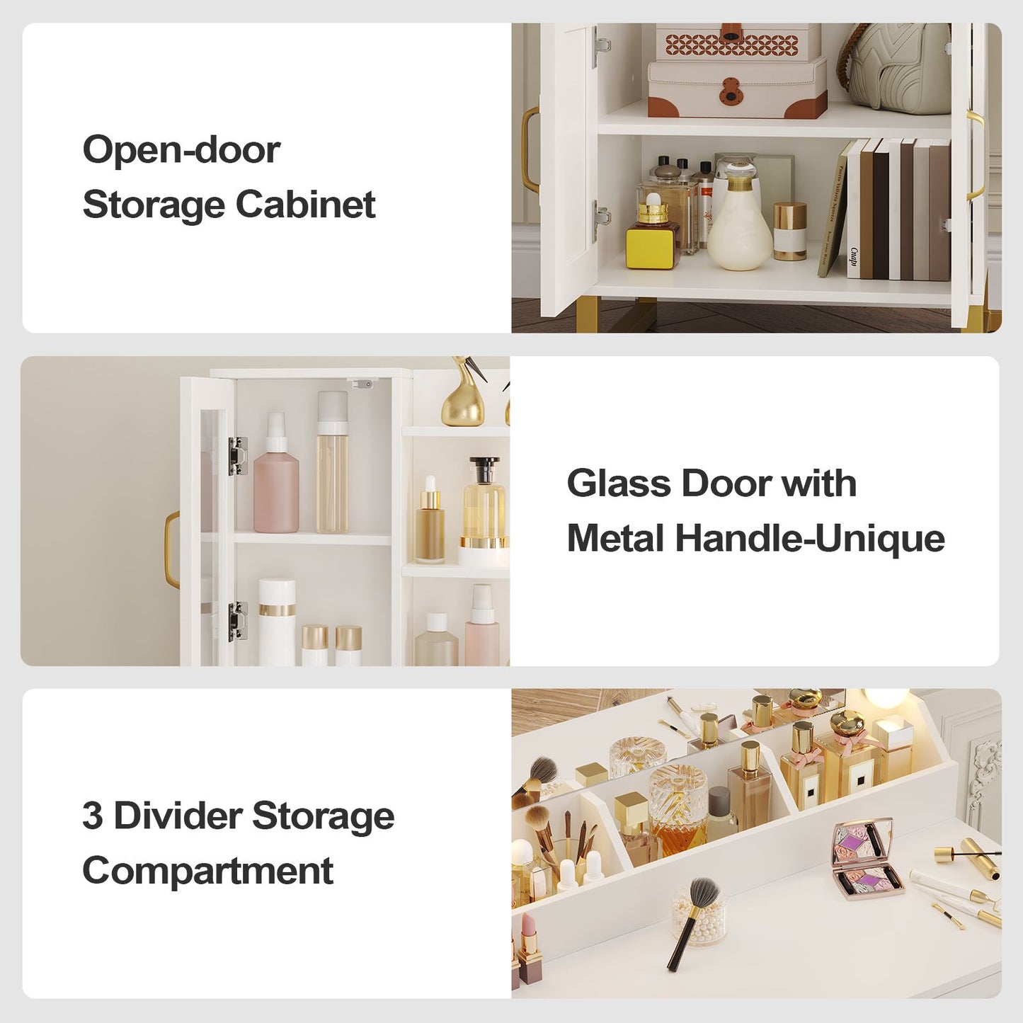 HAUOMS 42.9 Inch Makeup Vanity with Mirror and Lights Glass Top Vanity Desk with Charging Station and 4 Stoarge Drawers