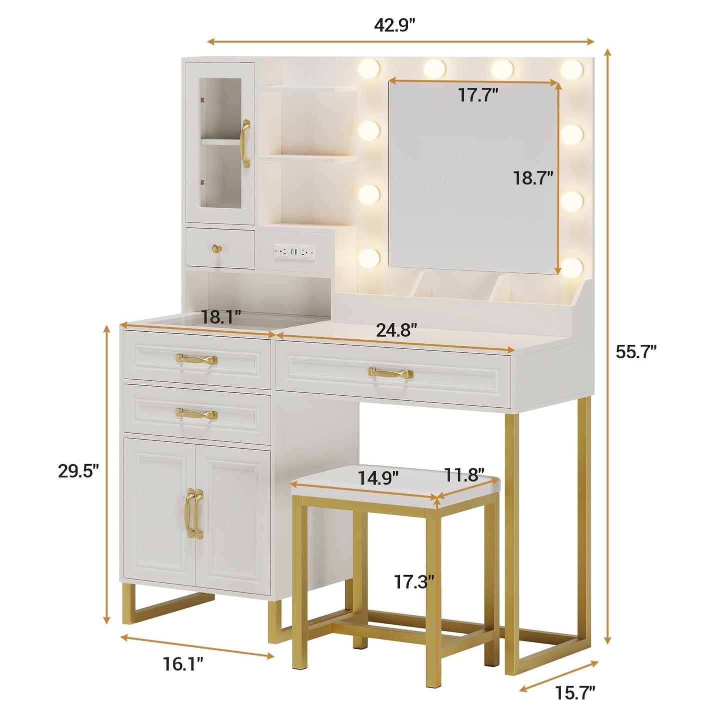 HAUOMS 42.9 Inch Makeup Vanity with Mirror and Lights Glass Top Vanity Desk with Charging Station and 4 Stoarge Drawers