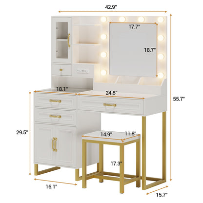 HAUOMS 42.9 Inch Makeup Vanity with Mirror and Lights Glass Top Vanity Desk with Charging Station and 4 Stoarge Drawers