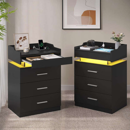 HAUOMS 28.3 Inch Tall Nightstand with LED Light and Pull-Out Shelf Side Table with 3 Drawers USB Ports and Outlets for Bedroom