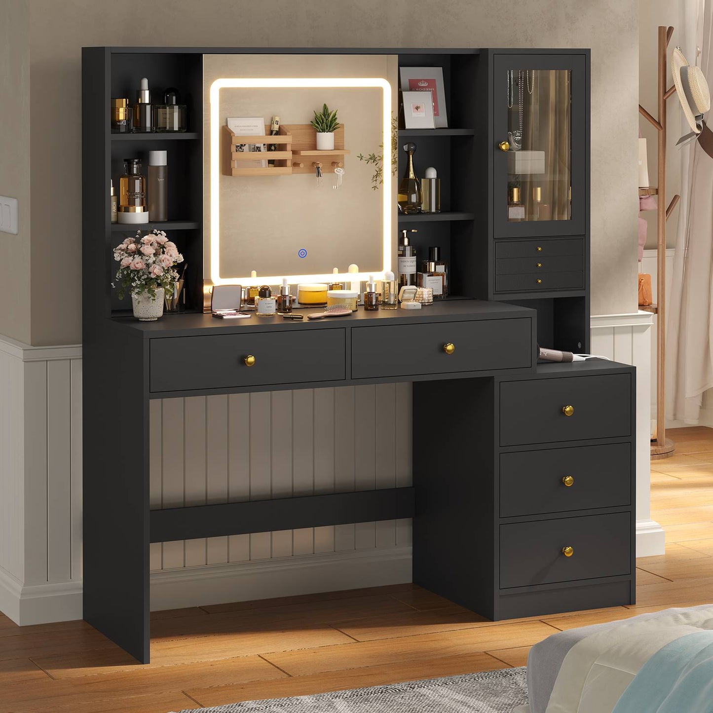 HAUOMS 45.3 Inch Makeup Vanity with Lights and Sliding Mirror Modern Vanity Desk with 5 Drawers and Charging Station
