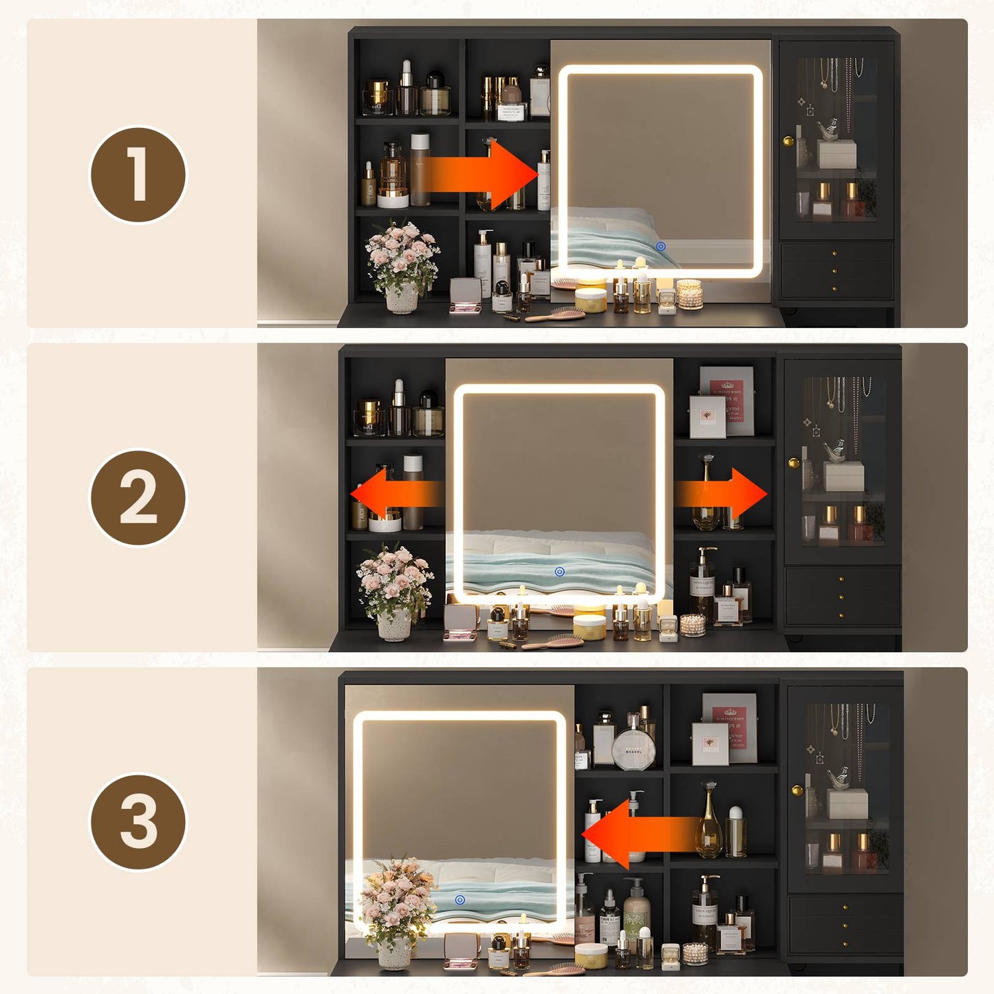 HAUOMS 45.3 Inch Makeup Vanity with Lights and Sliding Mirror Modern Vanity Desk with 5 Drawers and Charging Station