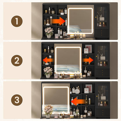 HAUOMS 45.3 Inch Makeup Vanity with Lights and Sliding Mirror Modern Vanity Desk with 5 Drawers and Charging Station