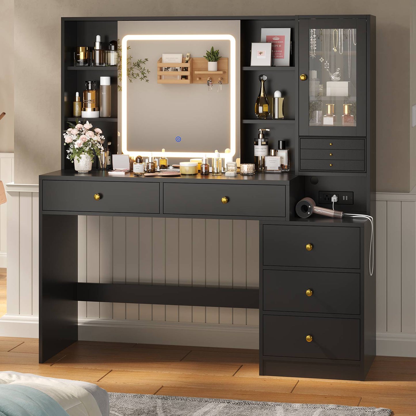 HAUOMS 45.3 Inch Makeup Vanity with Lights and Sliding Mirror Modern Vanity Desk with 5 Drawers and Charging Station