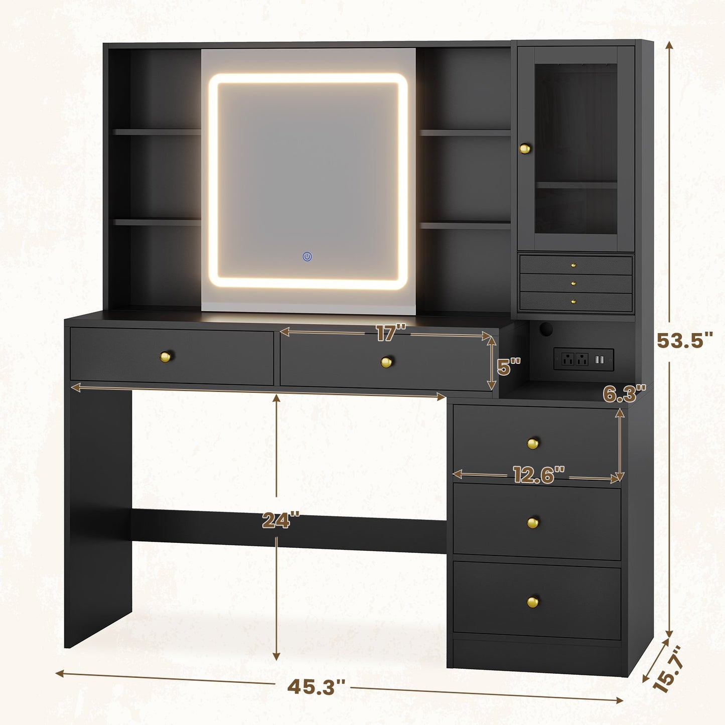 HAUOMS 45.3 Inch Makeup Vanity with Lights and Sliding Mirror Modern Vanity Desk with 5 Drawers and Charging Station