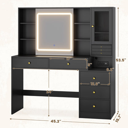 HAUOMS 45.3 Inch Makeup Vanity with Lights and Sliding Mirror Modern Vanity Desk with 5 Drawers and Charging Station