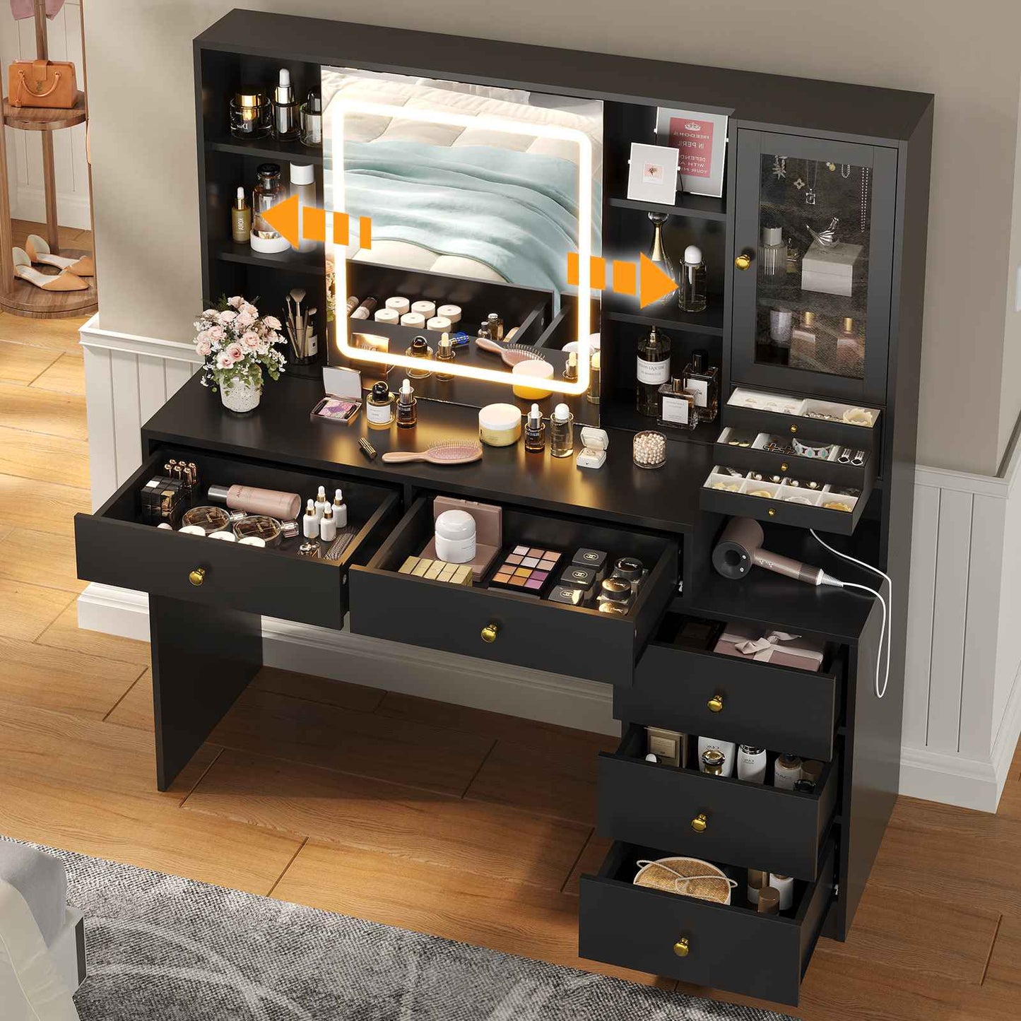 HAUOMS 45.3 Inch Makeup Vanity with Lights and Sliding Mirror Modern Vanity Desk with 5 Drawers and Charging Station