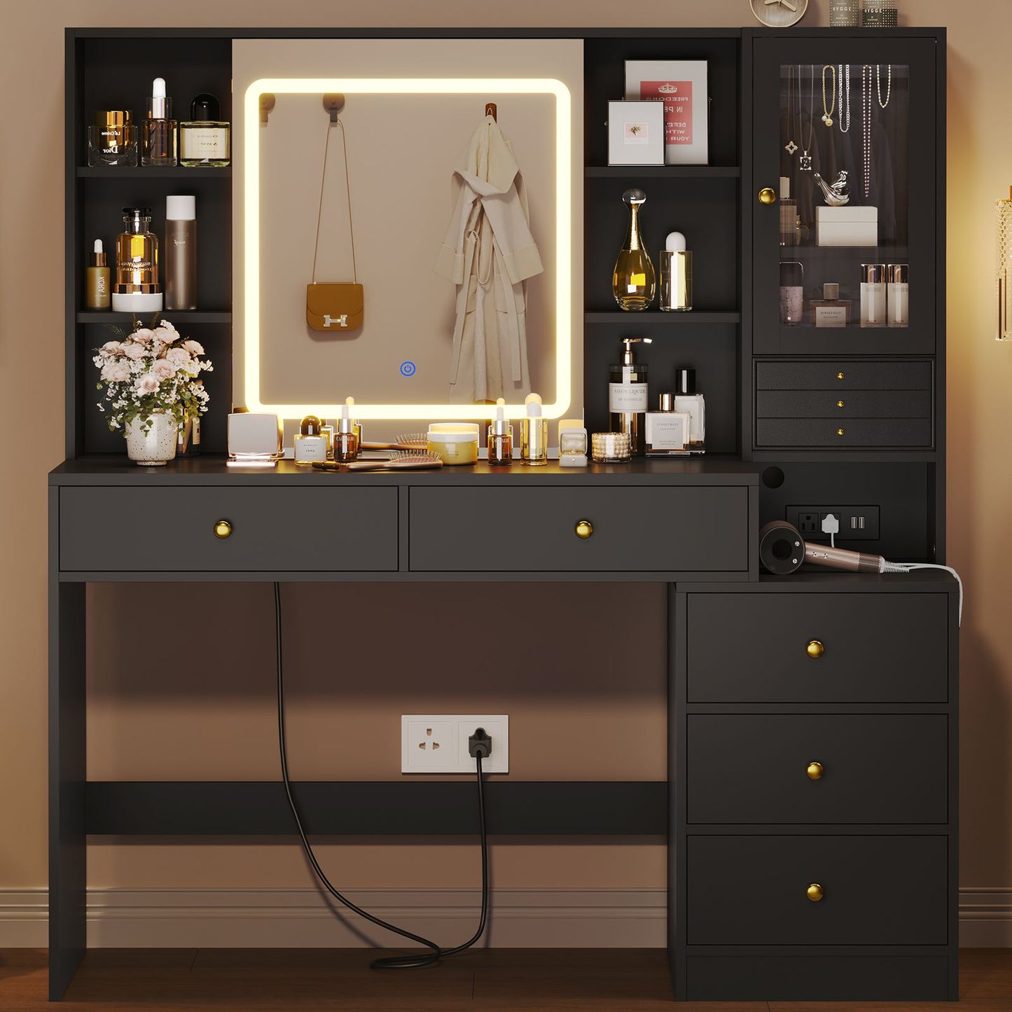 HAUOMS 45.3 Inch Makeup Vanity with Lights and Sliding Mirror Modern Vanity Desk with 5 Drawers and Charging Station