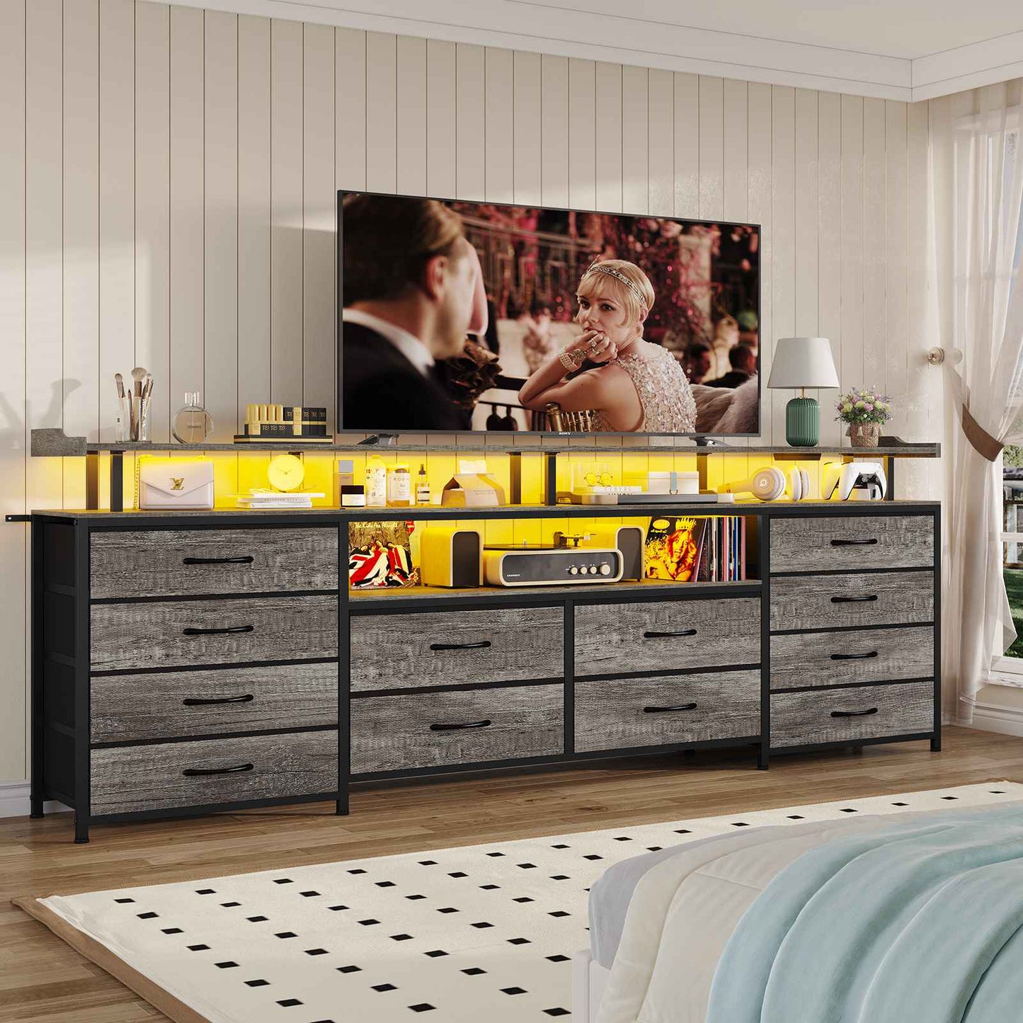 HAUOMS 63 Inch TV Stand with LED Lights and Power Outlets Long Dresser with 12 Fabric Drawers and Shelves for Bedroom