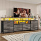 HAUOMS 63 Inch TV Stand with LED Lights and Power Outlets Long Dresser with 12 Fabric Drawers and Shelves for Bedroom