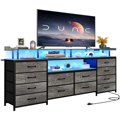 HAUOMS 63 Inch TV Stand with LED Lights and Power Outlets Long Dresser with 12 Fabric Drawers and Shelves for Bedroom
