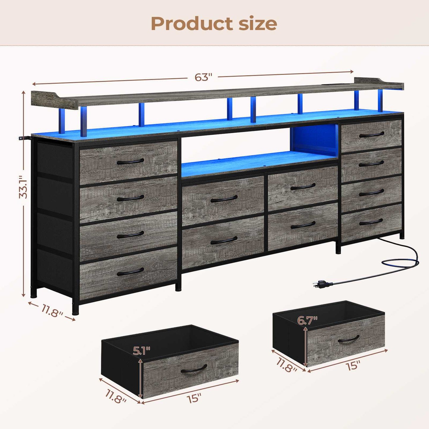 HAUOMS 63 Inch TV Stand with LED Lights and Power Outlets Long Dresser with 12 Fabric Drawers and Shelves for Bedroom