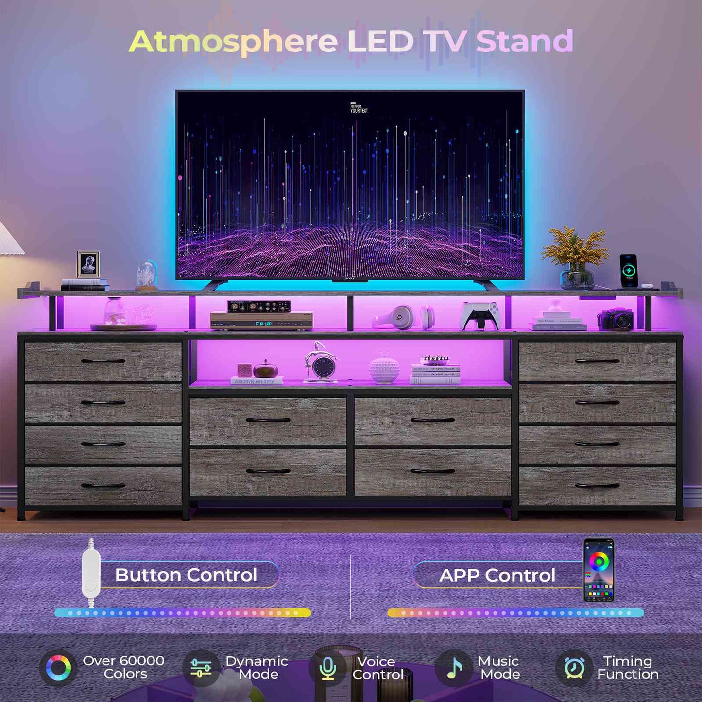 HAUOMS 63 Inch TV Stand with LED Lights and Power Outlets Long Dresser with 12 Fabric Drawers and Shelves for Bedroom