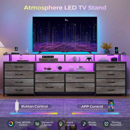 HAUOMS 63 Inch TV Stand with LED Lights and Power Outlets Long Dresser with 12 Fabric Drawers and Shelves for Bedroom