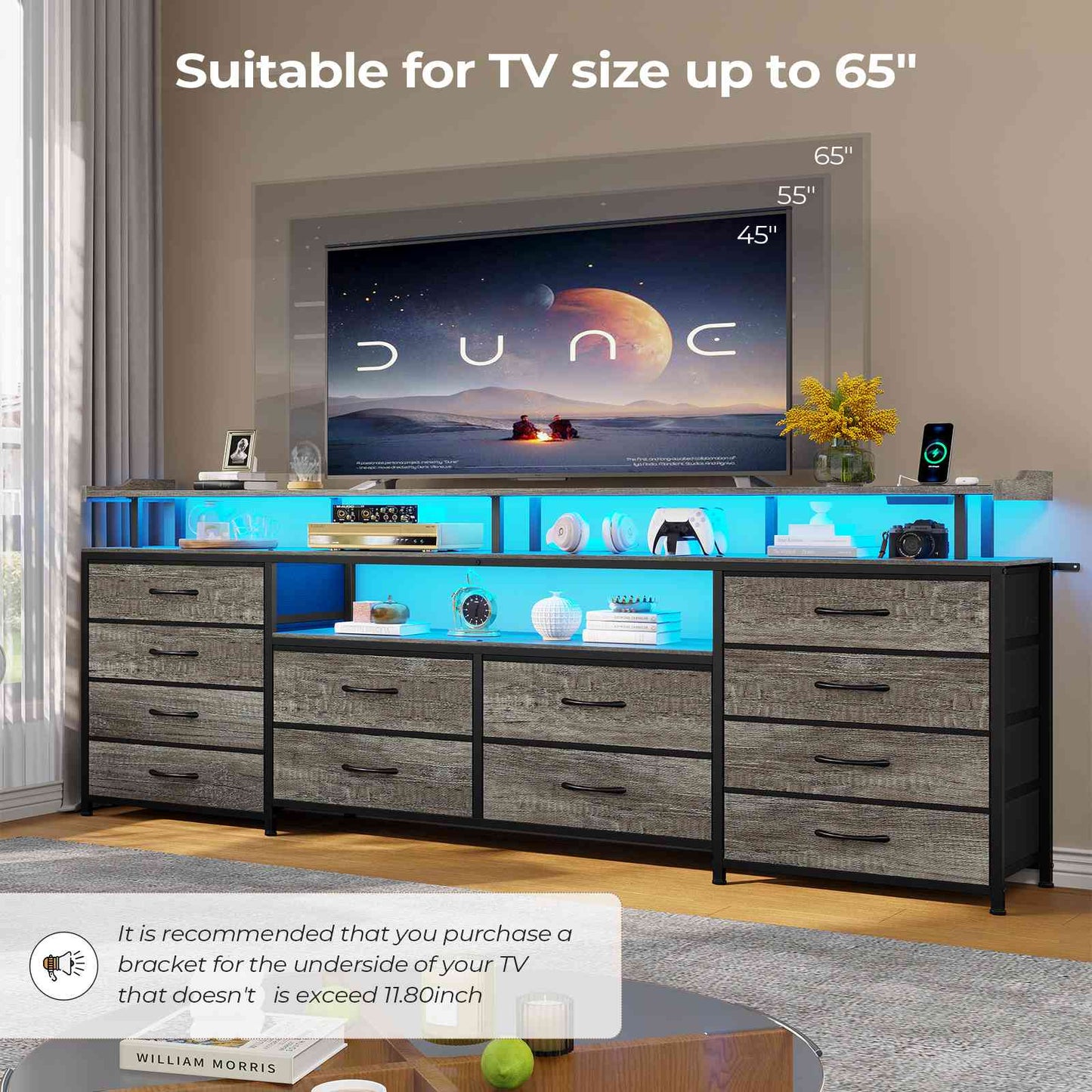 HAUOMS 63 Inch TV Stand with LED Lights and Power Outlets Long Dresser with 12 Fabric Drawers and Shelves for Bedroom
