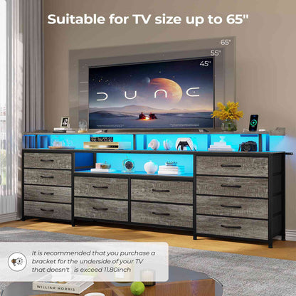 HAUOMS 63 Inch TV Stand with LED Lights and Power Outlets Long Dresser with 12 Fabric Drawers and Shelves for Bedroom
