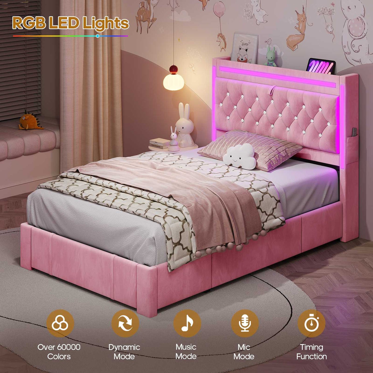 HAUOMS Twin Size Bed Frame with Storage Headboard and 3 Drawers Velvet Upholstered Princess Bed with Power Outlet