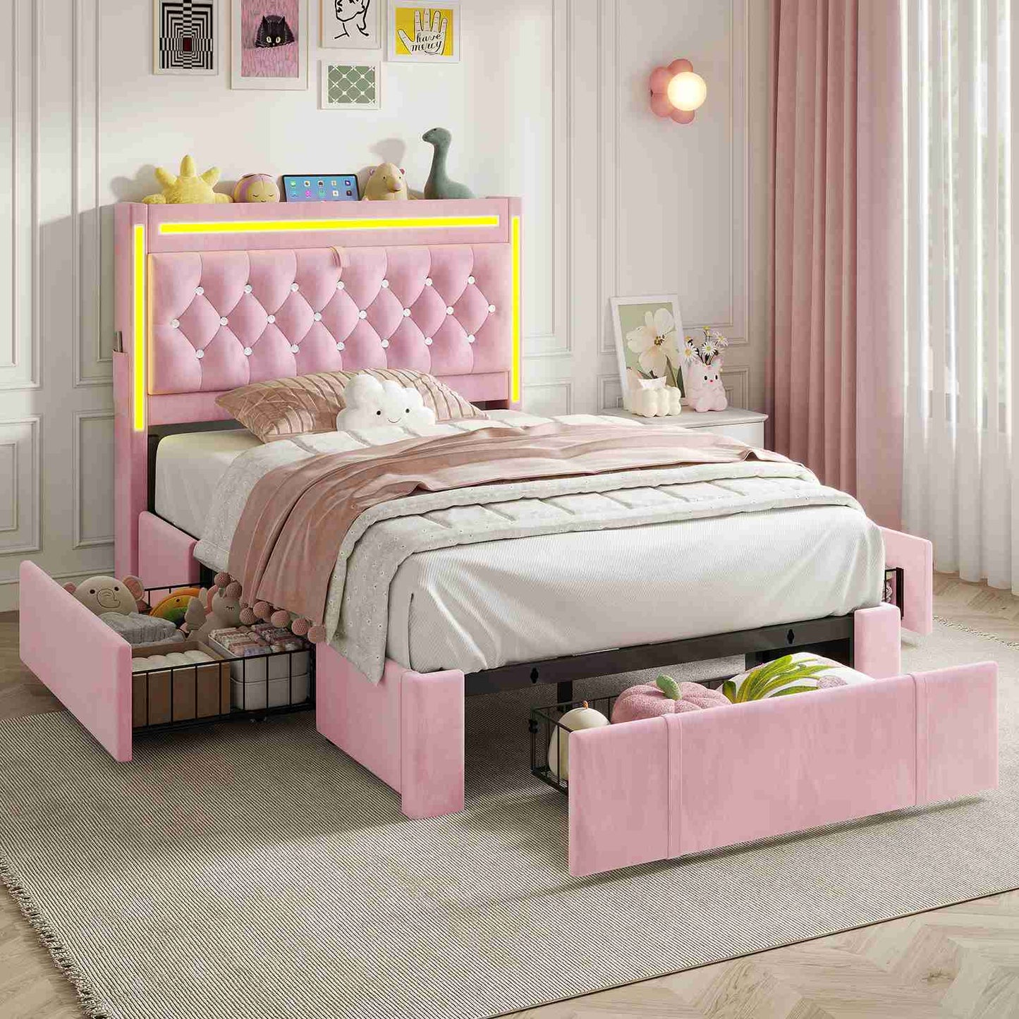 HAUOMS Twin Size Bed Frame with Storage Headboard and 3 Drawers Velvet Upholstered Princess Bed with Power Outlet