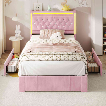 HAUOMS Twin Size Bed Frame with Storage Headboard and 3 Drawers Velvet Upholstered Princess Bed with Power Outlet