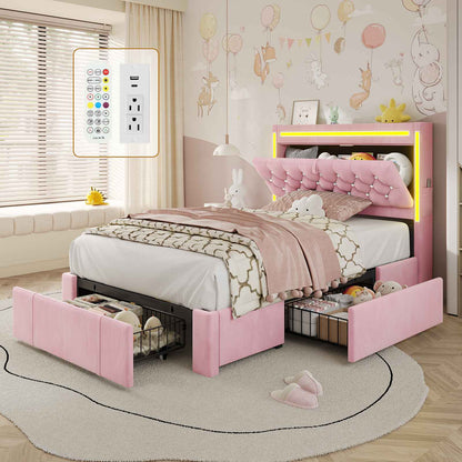 HAUOMS Twin Size Bed Frame with Storage Headboard and 3 Drawers Velvet Upholstered Princess Bed with Power Outlet