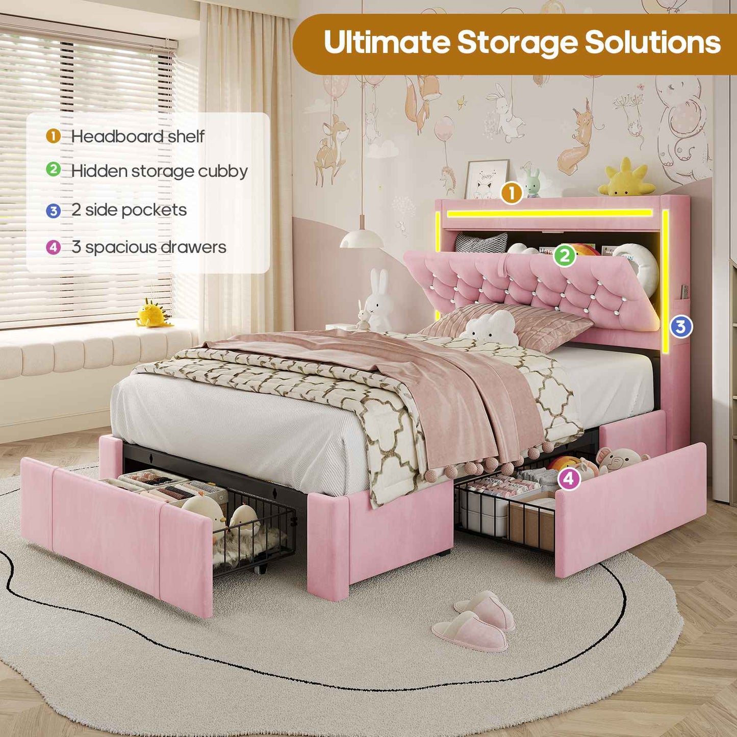 HAUOMS Twin Size Bed Frame with Storage Headboard and 3 Drawers Velvet Upholstered Princess Bed with Power Outlet