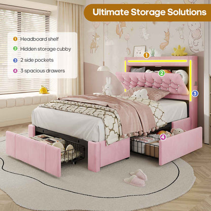 HAUOMS Twin Size Bed Frame with Storage Headboard and 3 Drawers Velvet Upholstered Princess Bed with Power Outlet
