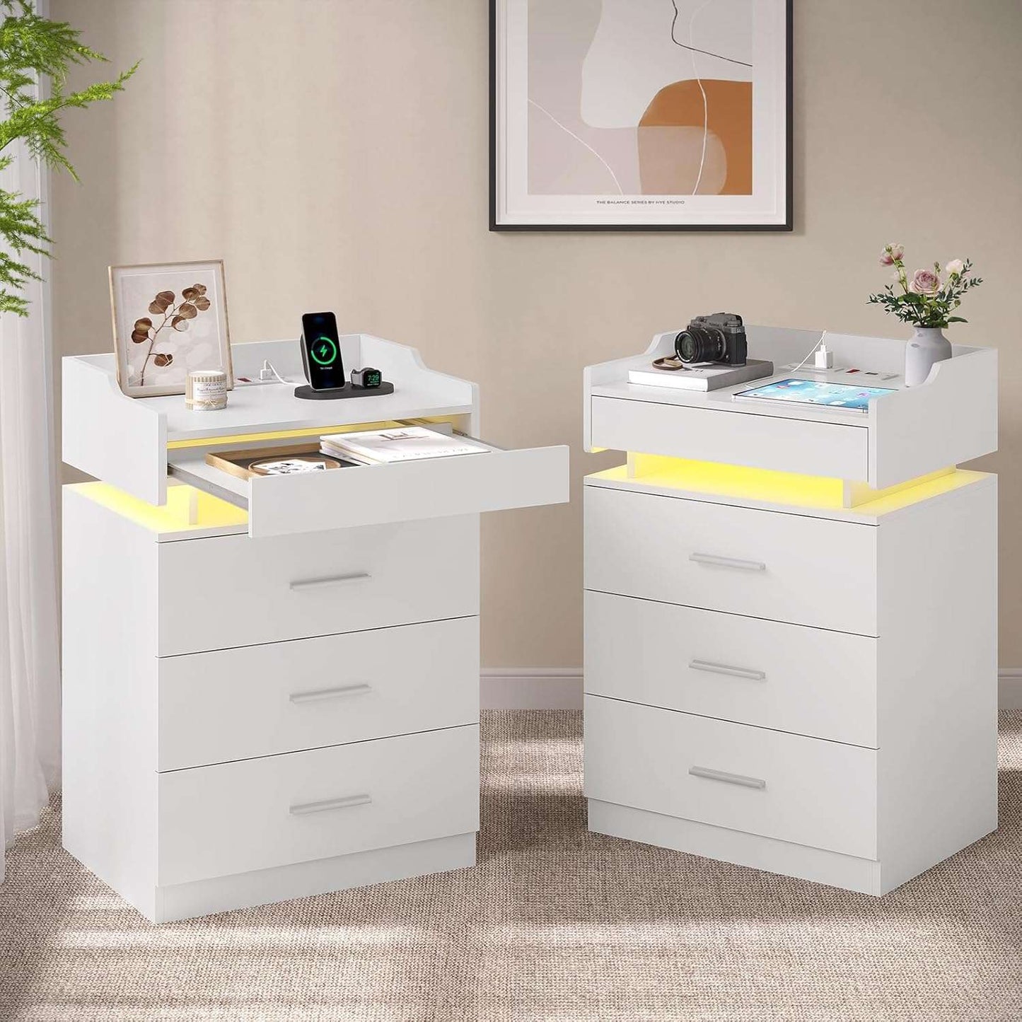 HAUOMS 28.3 Inch Tall Nightstand with LED Light and Pull-Out Shelf Side Table with 3 Drawers USB Ports and Outlets for Bedroom