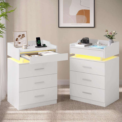 HAUOMS 28.3 Inch Tall Nightstand with LED Light and Pull-Out Shelf Side Table with 3 Drawers USB Ports and Outlets for Bedroom