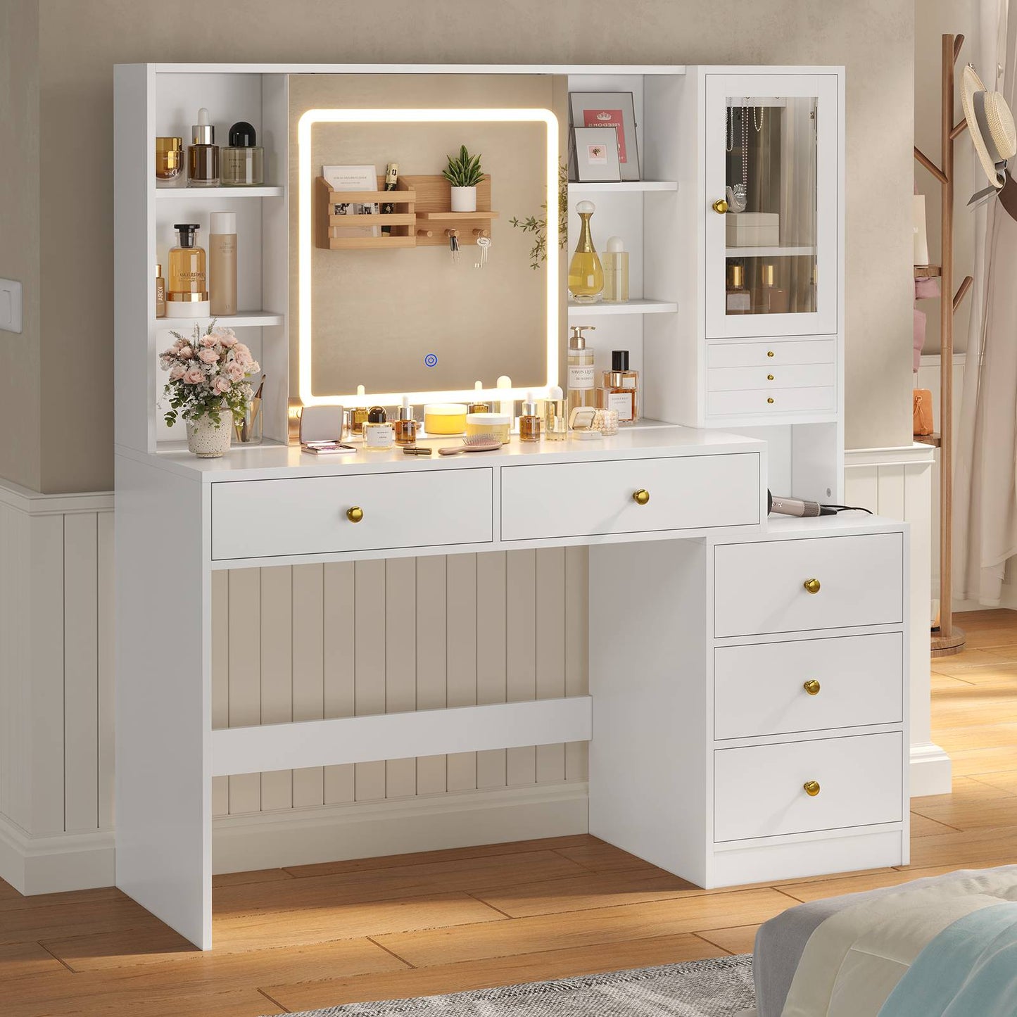 HAUOMS 45.3 Inch Makeup Vanity with Lights and Sliding Mirror Modern Vanity Desk with 5 Drawers and Charging Station