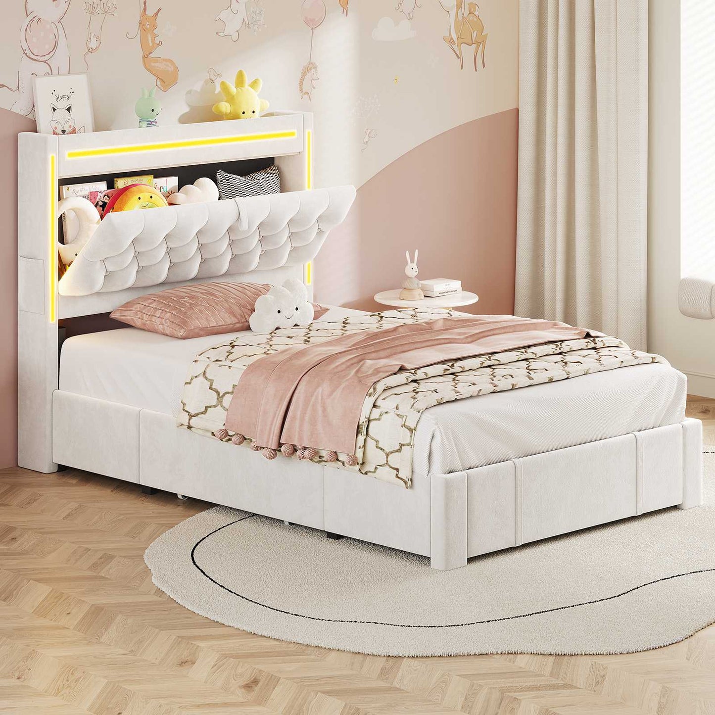 HAUOMS Twin Size Bed Frame with Storage Headboard and 3 Drawers Velvet Upholstered Princess Bed with Power Outlet