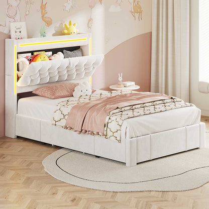 HAUOMS Twin Size Bed Frame with Storage Headboard and 3 Drawers Velvet Upholstered Princess Bed with Power Outlet