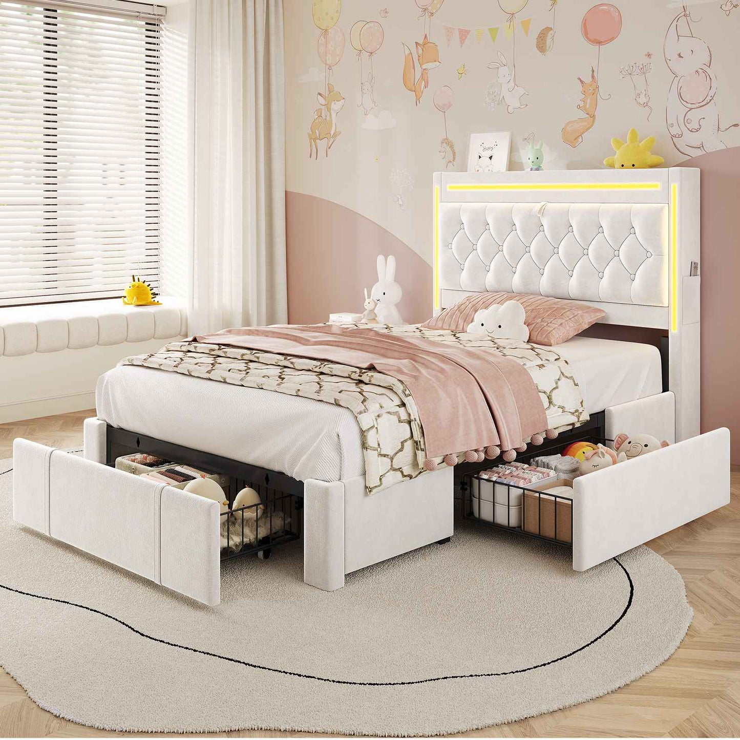 HAUOMS Twin Size Bed Frame with Storage Headboard and 3 Drawers Velvet Upholstered Princess Bed with Power Outlet